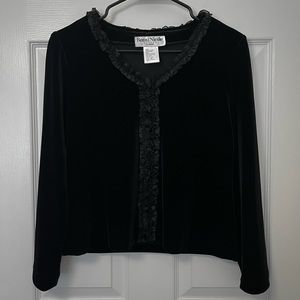 Ronni Nicole by Ouida - 90s Black Velvet Ruched V-Neck Blouse - Petite Small